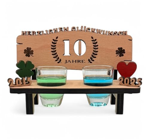 Banco de chupito '10 años' de madera con grabado y número de año – Idea de regalo para dinero, cumpleaños, aniversario, boda, aniversario – con 2 vasos de chupito
