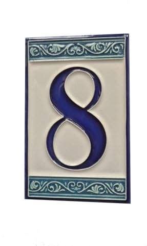 Piastrelle con numero civico in stile greco italiano, dipinte a mano, 11 cm x 7 cm (numero 8)