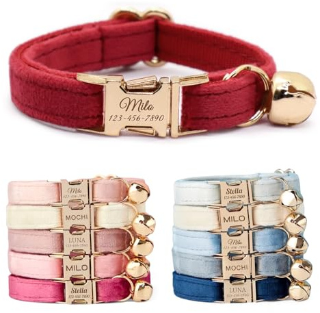 CHRYMPETIC Nicht Abnehmbares Samt Katzenhalsband Personalisiert mit Namen - Personalisierbares Halsband mit Glöckchen und Fliege Verfügbar (Rot)