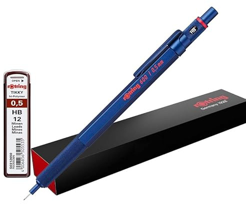 rOtring 600 Druckbleistift mit extra Minen | 0,5 mm | Blauer Ganzmetallkörper Drehbleistift | Rutschfester gerändelter Griff & Sechskantschaft
