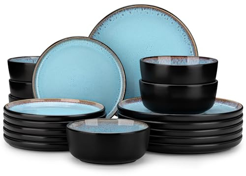 vancasso Amber 18 Pieces Dinner Set for 6, Reactive Glaze Stoneware Plates and Bowls Set, Blue Crockery Set with Dinner Plates, Dessert Plates & Cereal Bowls, Microwave & Dishwasher Safe