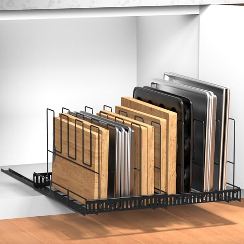 Housolution Pull Out Large Baking Tray and Cookie Sheet Organizer, 13-22 Width Expandable Cutting Board Holder with 8 Adjustable Dividers, 20 Deep Bakeware Storage Rack for Cabinet, Black