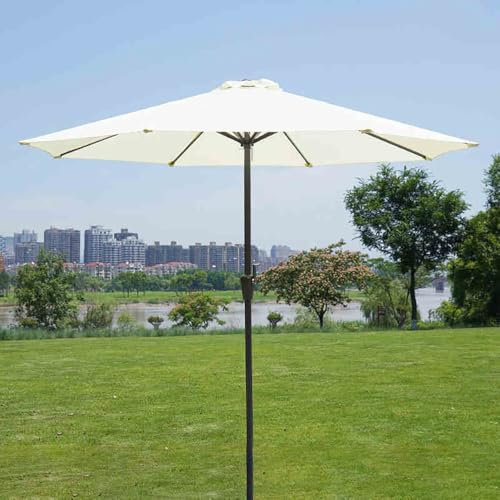 Parasol d'extérieur de 2,7 m, parasol de table de marché à 8 baleines avec manivelle, grand parasol droit pour balcon, parasol droit pour jardin (base non incluse, blanc)