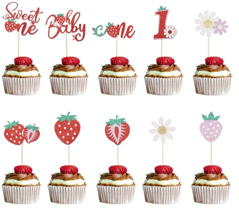 40 Stück Sweet One Erdbeer Cupcake Dekorationen, Glitzer Berry First Birthday Tortenaufleger Erdbeer Geburtstagsdekorationen für Baby Shower Party Zubehör