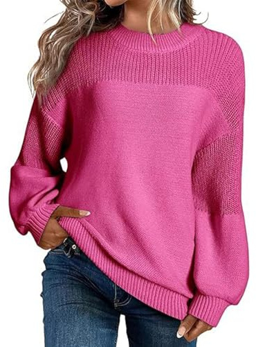 Pull Femme Hiver Décontractés Couleur Unie Sweatshirts Mode col Rond Confort Pullover Femme Chic et Élégant Automne Hiver Ample Manche Longue Chaud Pulls Haut Tops Rose Vif