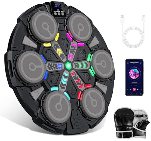 Music Boxing Machine for Kids, Smart Boxing Equipment with Gloves, Bluetooth Connection, Colorful LED Lights, 5 Speed ​​Adjustment, Multiple Training Modes, Wall Mounted Boxing Set for Home, Gym (B)
