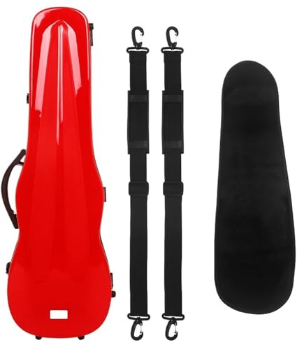 Geigenkasten 4/4 Violinenkoffer aus Kohlefaser, Hartschale, leichte dreieckige Box mit Hygrometer, Tragekoffer, Violinenbox(Red)