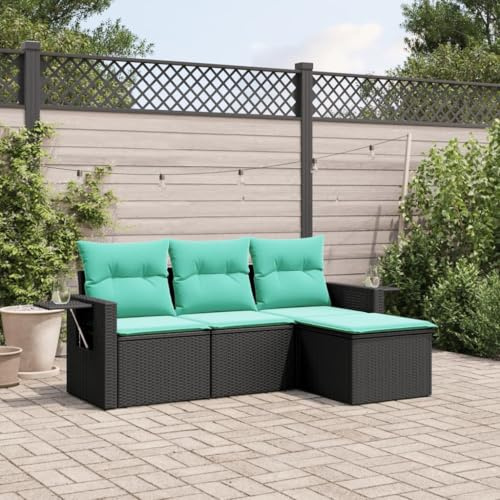 Bucmath 4-teiliges Gartensofa-Set, schwarzes Polyrattan, UV-beständig, mit blauen Kissen, klappbare Beistelltische, für Terrasse und Balkon