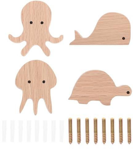Toyvian Ganchos de Pared de Roble Forma de Animales 4 Piezas, Perchas para Ropa y Sombreros, Colgadores Decorativos para Habitación Infantil y Almacenamiento Multifuncional