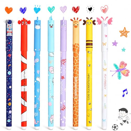 Spelline 8er Set Radierbare Gelstifte Radierbarer Kugelschreiber Kinder | 0,7 mm Spitze mit Tiermotiven Verschiedene Tinten - Einschulung Schultüte Füllung Schulkind Kindergeburtstag