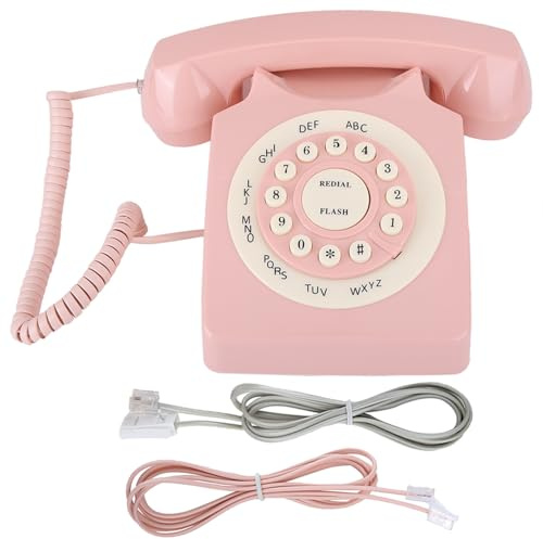 Telefono fisso a disco retrò, telefono da scrivania classico vintage con filo, telefoni vintage anni '80 con filo per casa, ufficio, rosa