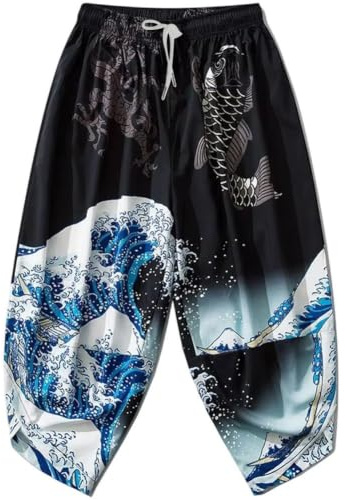 Pantalones Kimono Japoneses Para Hombre, Pantalones Harem Samurái, Pantalones Casuales Ligeros De Cintura Elástica Y Holgados Para Playa, Pantalones Hakama Cortos De Pierna Ancha Para Verano.