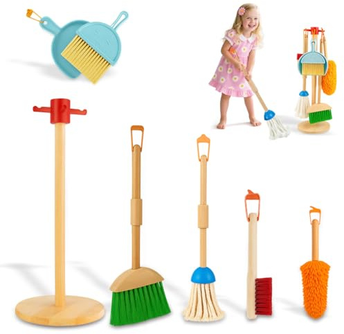 7 PCs Wooden Cleaning Set For Kids, Pretend Play Housekeeping Role Play Toy with Mop Broom Dustpan Sponge Brush, Complete Cleaning Tools Kit for Little Helpers, Educational Gift Children Ages 3+ Year