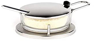 APS Parmesan-Menage „Classic, Parmesan Gefäß, Parmesan Dose mit Löffel, transparentes Glas für Parmesan im Edelstahl Gestell, 11 x 15 cm, 7 cm Höhe