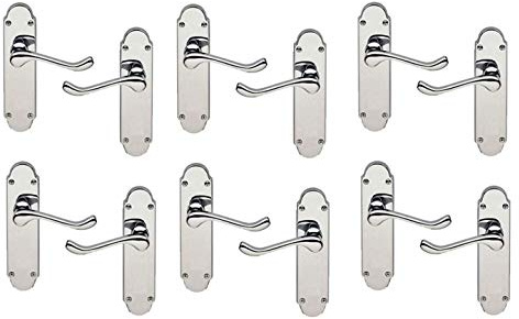 Golden Grace Victorian Scroll Door Handles, Polished Chrome, 6 Pairs | Supplied with spindle and fixing screws, utilizing an Epsom lever latch on a 168mm x 40mm shaped backplate.