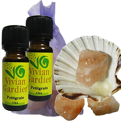 Petit Grain Bigaradier ätherisches Öl naturrein 2 x 10ml aus kontrolliertem Anbau. 7 teiliges Aromatherapie Duft Set mit Muschel + 3 Salz Kristalle zum Beduften + Säckchen. 50053