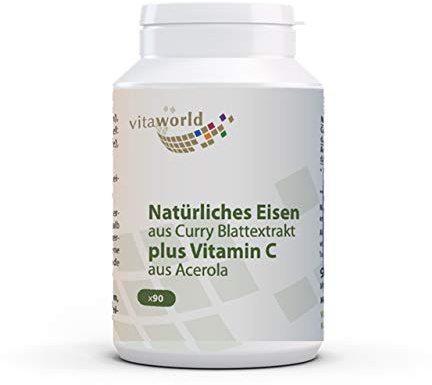 3er Pack Vita World Natürliches Eisen 14mg aus Curryblatt Extrakt plus Vitamin C und Acerola 3 x 90 Kapseln Made in Germany