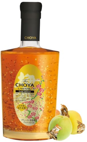 Choya Umeshu Gold Edition, mit echten Blattgold Flocken (japanischer Ume Fruchtlikör & französischer Brandy, Ume Frucht, 19% vol.) 1er Pack (1 x 0.5 l)