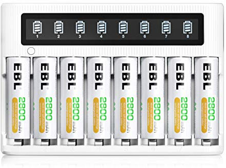EBL LCD Chargeur de Piles Rechargeables Rapide- avec 8PCS AA 2800mAh Piles Rechargeables, Charge Rapide 5V/2A, avec Fonction de Décharge