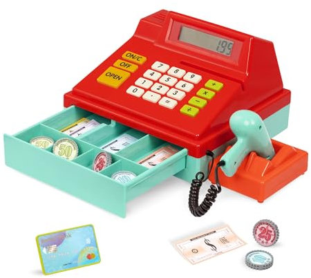 Battat Spielkasse Kinder mit Scanner und Sound, Kasse Spielzeug, Spielzeugkasse, elektronische Supermarktkasse mit Taschenrechner – mit Kaufladen Zubehör Geld, Kredit Karte ab 3 Jahren (49 Teile)