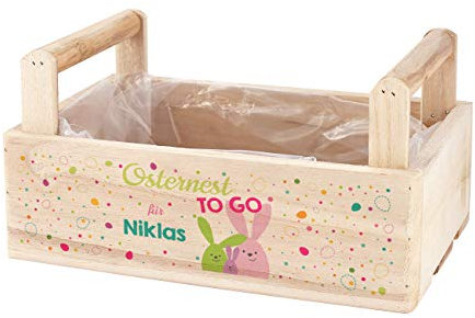 Herz & Heim® Osternest mit Namen in Form einer Holzkiste mit Gravur oder Druck - Osterkörbchen (to go)