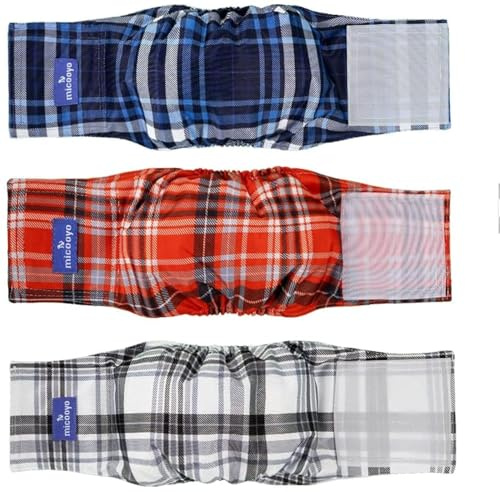 MICOOYO Magband för hundar, återanvändbara hundblöjor man 3-pack, manliga hundomslag blöjbyxor för vovve valp (rutig, L)