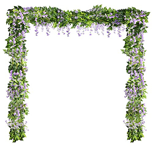 Syhood 4 Stück 26 m Künstliche Wisteria Girlande Künstliche Glyzine Blumen Girlande Gefälschte Wisteria Rebe Gefälschte Seide Ivy Hängende Blume für Hochzeitsdekorationen Party Dekor (Lila)