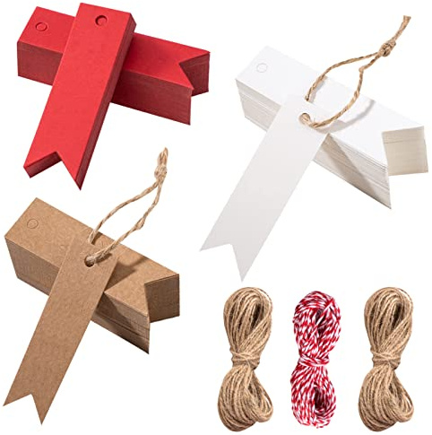 Etichette Regalo 300 Pezzi Etichette in Carta Kraft Tag Regalo Artigianali Bianche Marrone e Rosso con Spago in Juta per Matrimoni, Compleanno e Natale, Fatto a Mano (7 x 2 cm)