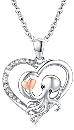 REDSUN Collar de pulpo, cadena de pulpo, plata de ley 925, colgante de pulpo, colgante de animales, joyas para ella, novia, día de la madre, niña, hija, regalos, Plata esterlina, Circonia cúbica