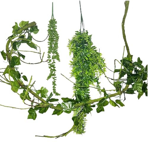 Allazone 4 stycken terraristik ödla livsmiljö dekor tillbehör, konstgjorda hängande växter, reptiler hängmatta och terrarium klätterväxter för kameleont, ödlor, gecko, ormar