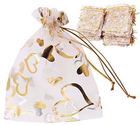 WANGCL 100 st silver kärlek hjärtan organza-väskor med dragsko fest presentpåsar bröllop gåva godispåsar smycken påse påsar (9 × 12 cm)