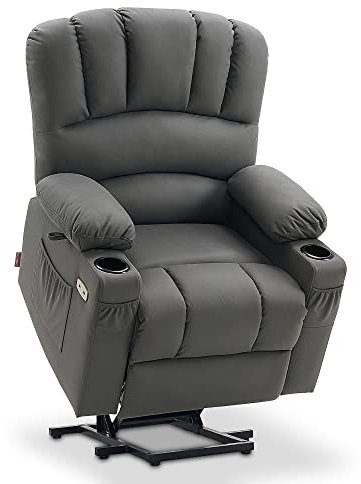 M MCombo Fernsehsessel mit Aufstehhilfe Elektrisch, Verbreiterte Rückenlehne Sessel mit Aufstehhilfe, Massage & Heizung, Relaxsessel mit Liegefunktion bis 145° USB 7102 (Mikrofaser-Stoff, Grau)