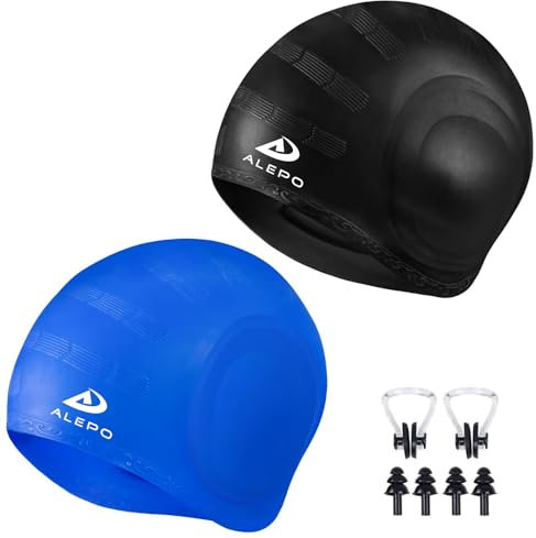 Alepo 2 Pack Unisex Badekappen Damen Herren mit 3D-Ohrenschutz, Schwimmkappe Langlebige Flexible Silikon Bademütze Kinder Erwachsene für kurzes/langes Haar mit Ohrstöpseln Nasenclip(Schwarz&Blau)