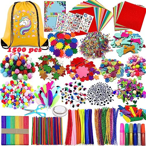 Chennyfun Unicorn art and Crafts für Kinder, Bastelsets für Kleinkinder mit Einhorn-Aufbewahrungstasche, mit Alphabet, Wackelaugen, Pompons, Buntpapier, Perlen, Bastelset für Kinder ab 4-12 Jahre