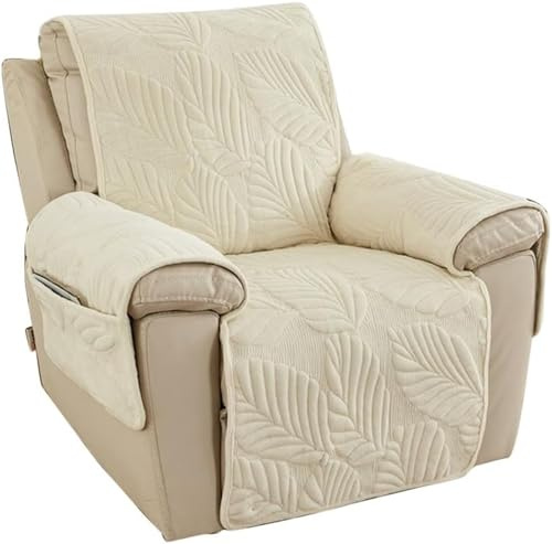 FANSU Stretchhusse für Relaxsessel Komplett Sesselbezug, Blatt Kurzer Plüsch 1 Sitzer Sesselschoner für Recliner Stuhl Sessel Sofabezug, Elastisch Bezug für Fernsehsessel Liege (Beige)