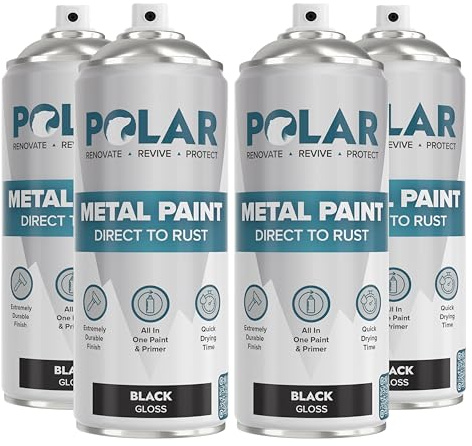 Polar Direct to Rust Metal Spray Paint, 4 x 400ml, Gloss Black | 3-in-1 Metal Primer, Undercoat and Topcoat, Direct to Rust, Corrosion and UV Resistant, Indoor and Outdoor