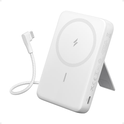 Anker Zolo Magnetic Power Bank, 10,000mAh Wireless Portable Charger with 30W Max Fast Charging, Battery Pack with Built-in USB-C Cable and Adjustable Stand, for iPhone17/16Series, AirPods (White)