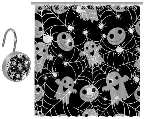 VAPOKF Duschvorhang mit Spinnennetz-Geistermotiven, Halloween-Druck, Polyester-Duschvorhang-Set mit 9 Edelstahl-Haken, rustikaler Bauernhaus-Badezimmer-Duschvorhang, 122 x 182 cm