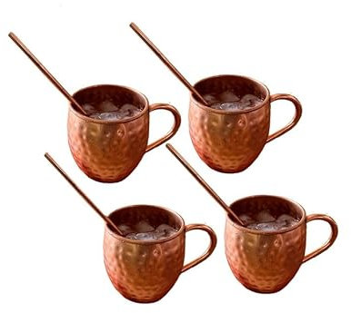 BRACOP® Copper Tumbler Moscow Mule Mugs Set 4 Copper Tumbler Copper Pitcher Cocktail Glasses Pure Copper Ayurveda Moscow Mule Mug Drinking Cup Gobelt Glass Indian Copper Engraved Tumbler Gifts