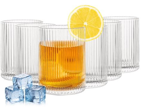 WOPPLXY Ribbed Drinking Glasses Set of 6, 280ml Vintage Origami Style Glassware Cup, Clear Drinking Glass Tumblers for Coffee, Soda, Cocktail, Juice