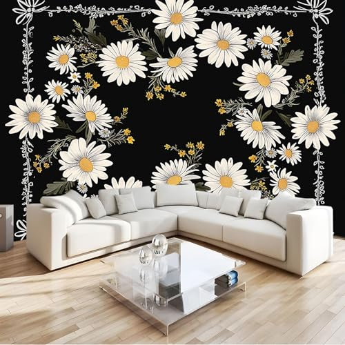 Fotomurales 3D Margaritas Blancas Estilo Dibujado A Mano Negro 400x280 cm Papel Pintado Fotográfico, Decoración De la Pared Murales para Salón, Dormitorio, Habitación para Niños, Pared de TV