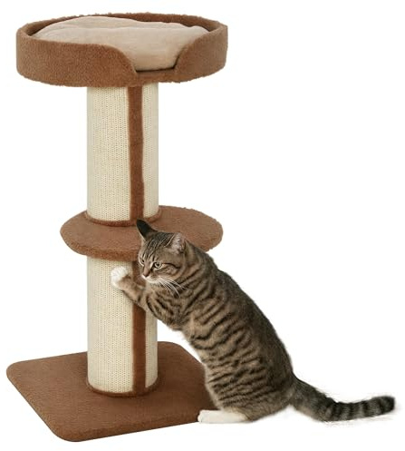 PawHut Árbol Rascador para Gatos de 3 Niveles con Nido y Poste de Sisal 45x45x91 cm Marrón Claro