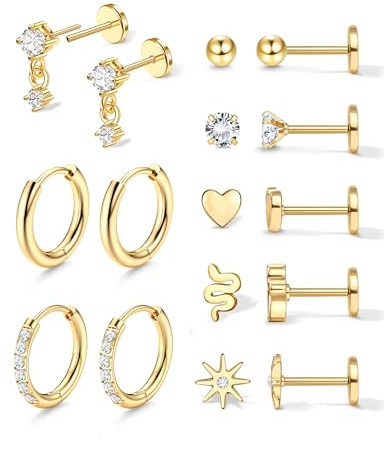 Adramata 8 Pair Earring Set for Women Men Surgical Steel Earrings Studs Hoop 14k Gold Flat Back Stud Earrings Hypoallergenic Cartilage Earring Gold Helix Tragus Piercing Jewellery,GC