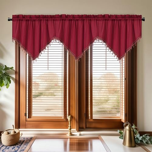 Bishilin Gardinen Kurz Fenster, Rot Vorhänge Blickdicht Volant Dreieck Einfarbig mit Quasten Küchengardinen Scheibengardine Bistrogardine Nordisch 3er Set 130x60CM