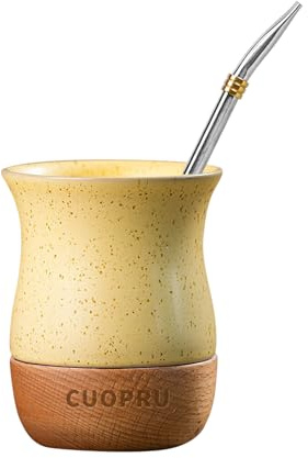 Taza de cerámica Yerba Mate de 8 onzas con base de madera original, incluye calabaza mate, pajita de bombilla y cepillo de limpieza, perfecta para yerba mate tradicional y taza de estilo moderno