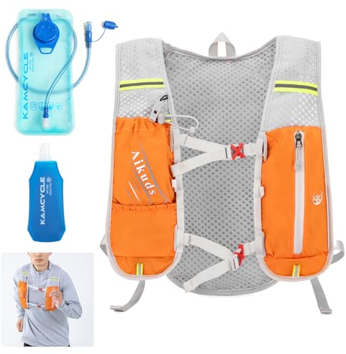KAMCYCLE Ultralätt dryckesryggsäck, löpväst, traillryggsäck, hydrationpack, 2 l drickbubbla, 500 ml vattenflaska, för löpning, vandring, camping, cykelväskor för bagagehållare (orange)