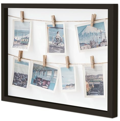 Gwezmxs Bilderrahmen Collage mit Klammern und Leine für Mehrere Fotos Aufhängen, Photo Frame with Clip - Schwarzer Rahmen, 32X42cm