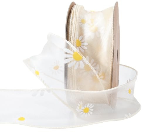 CABODYALS 9.14M 40mm Nastro Floreale Trasparente Nastro Giallo Margherita Motivo Floreale Stampa Organza ffon Maglia Nastri all Ingrosso con Bobina per Cucire Realizzare Artigianato Bouquet Ghirlande