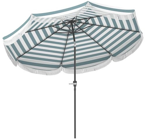 Outsunny Parasol de jardin extérieur parasol inclinable rond droit Ø2,7 x 2,4 m avec ouverture fermeture manivelle, franges, toile 180 g/m² protection UPF 30+, pour balcon, terrasse, bleu