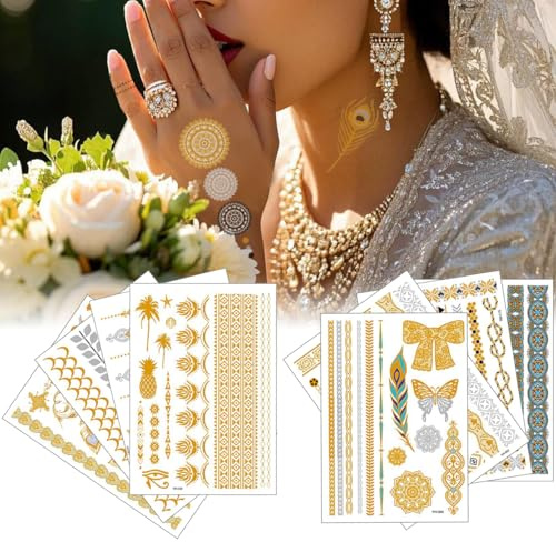 Amacoam Festival Tattoos Gold Tattos 8 Blätter Festival Gadget Tattoos Golden Metallic Flash Wasserdichte Temporäre für fasching und Party Accessoire